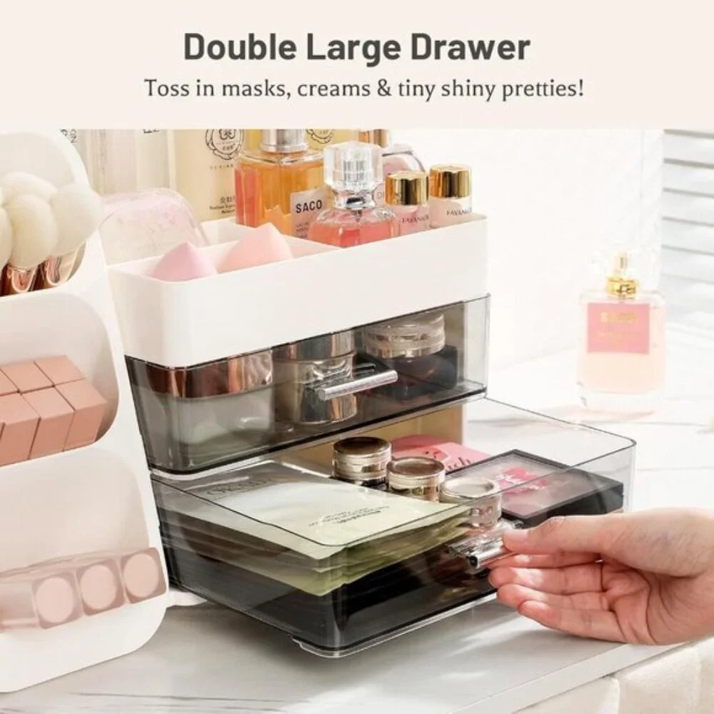 White Makeup Organizer with Drawers & Brush Holder for Vanity & Skincare Storage